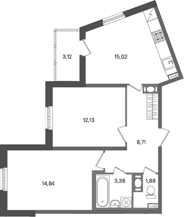 2-комнатная квартира 55.96 м², 7/12 эт., ЖК «ПАТИО. Уютный квартал»